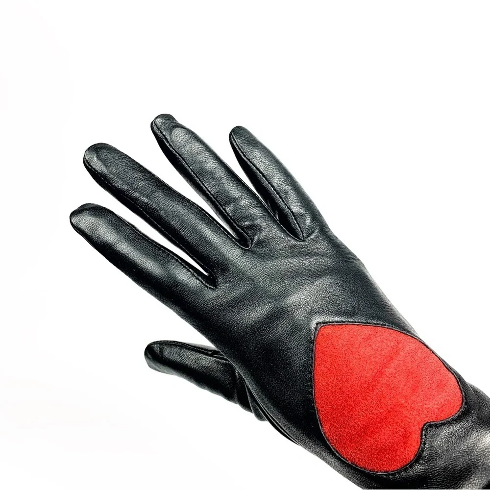 Aqua Leather Gloves w/ Red Suede Heart • Luxe Black NWT Gloves • Gift-Ready $129